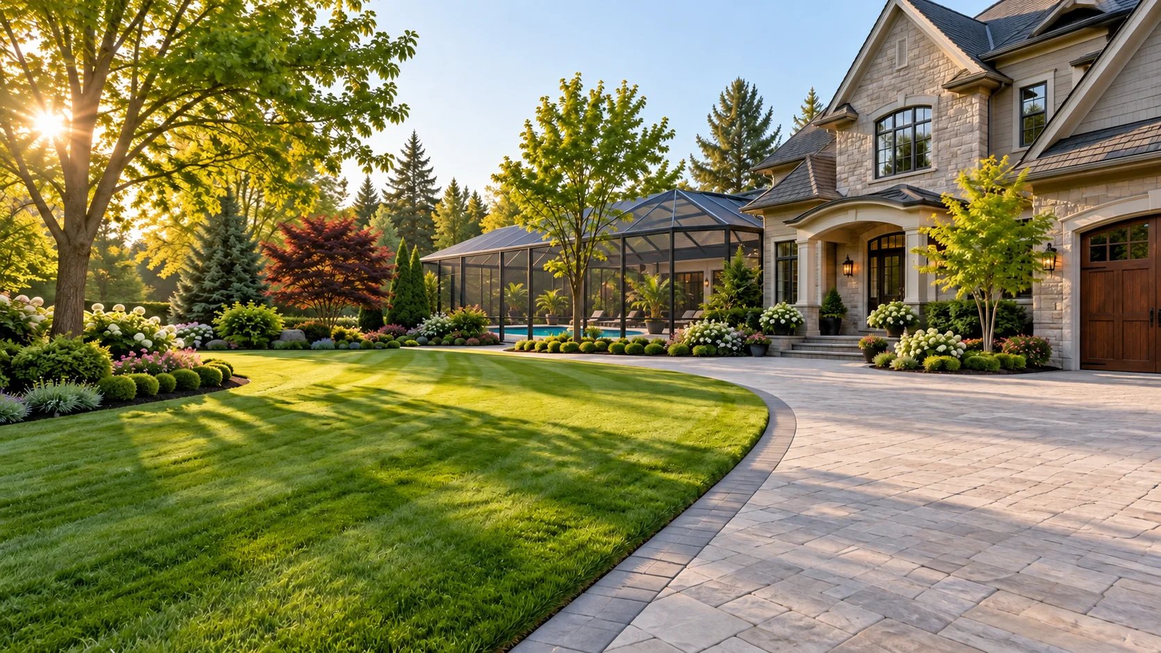 A landscaped yard with a striped lawn, clean stone driveway, and screened pool enclosure